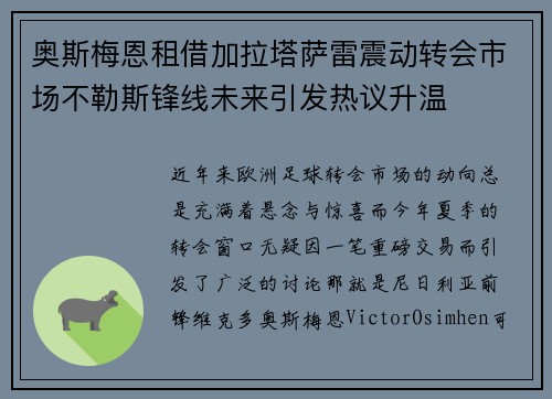 奥斯梅恩租借加拉塔萨雷震动转会市场不勒斯锋线未来引发热议升温 奥斯梅恩租借加拉塔萨雷震动转会市场不勒斯锋线未来引发热议升温